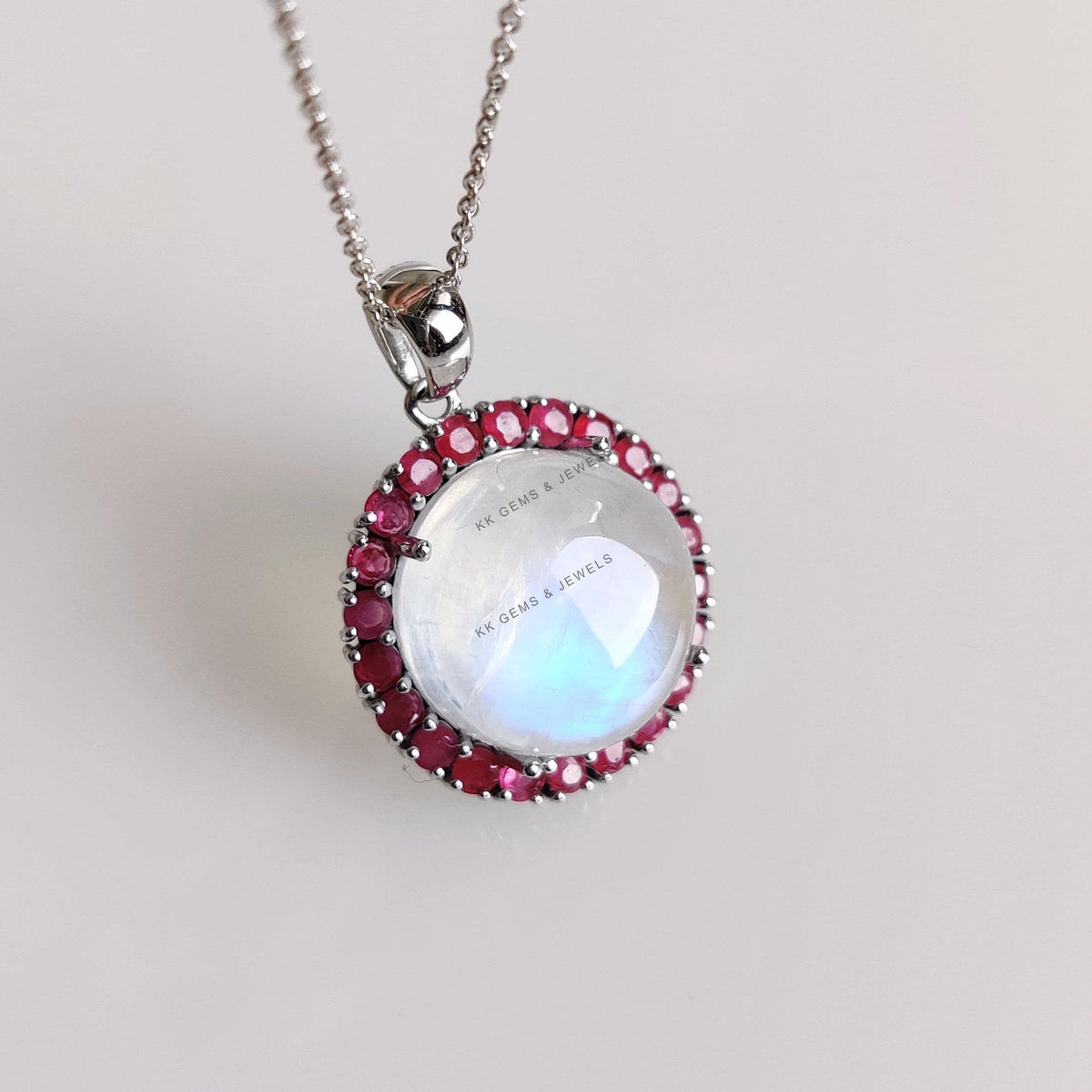Natural Rainbow Moonstone & Ruby Pendant, 14K Solid White Gold Halo Jewelry