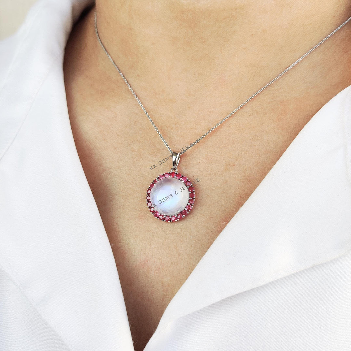 Natural Rainbow Moonstone & Ruby Pendant, 14K Solid White Gold Halo Jewelry
