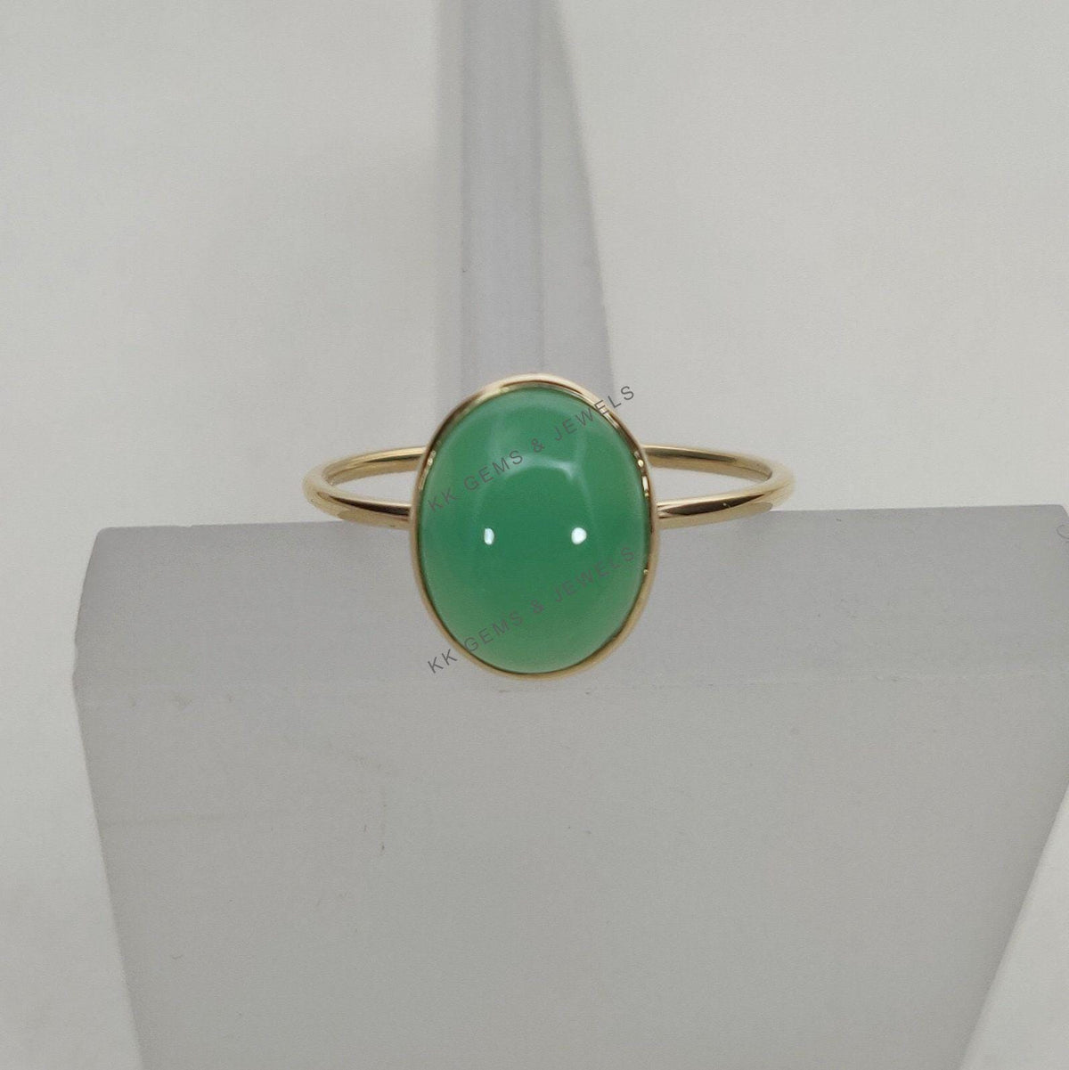 Natural Chrysoprase Ring: 14K Solid Yellow Gold Bezel Ring, May Birthstone