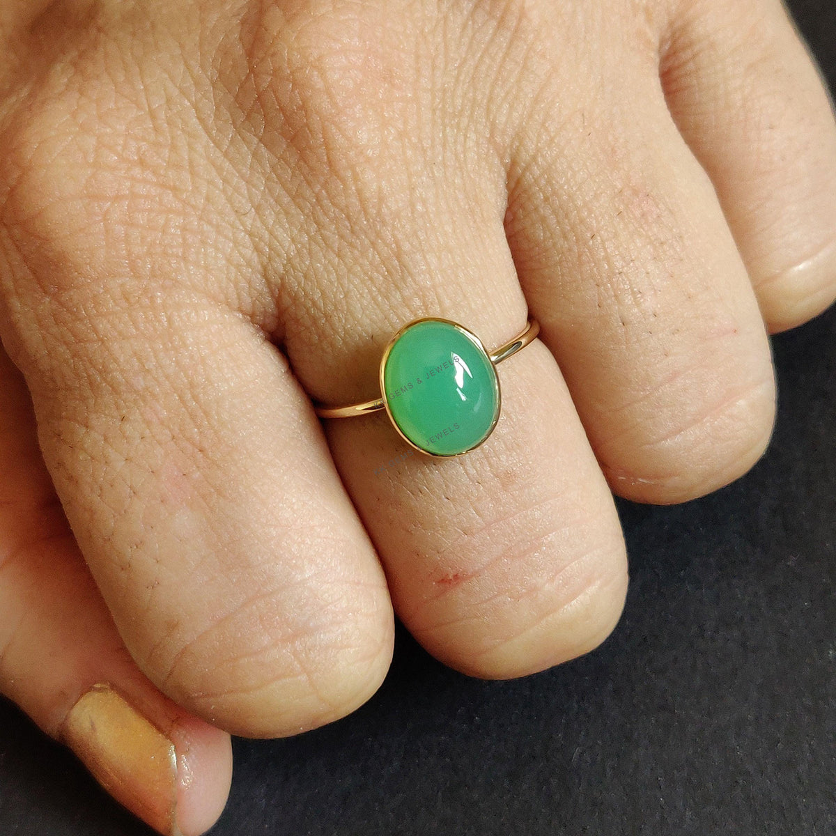 Natural Chrysoprase Ring: 14K Solid Yellow Gold Bezel Ring, May Birthstone