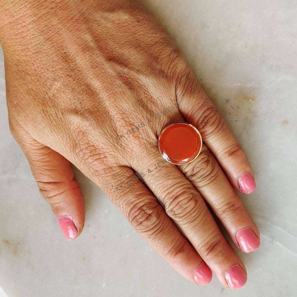 14K Solid Yellow Gold Natural Red Onyx Ring, July Birthstone