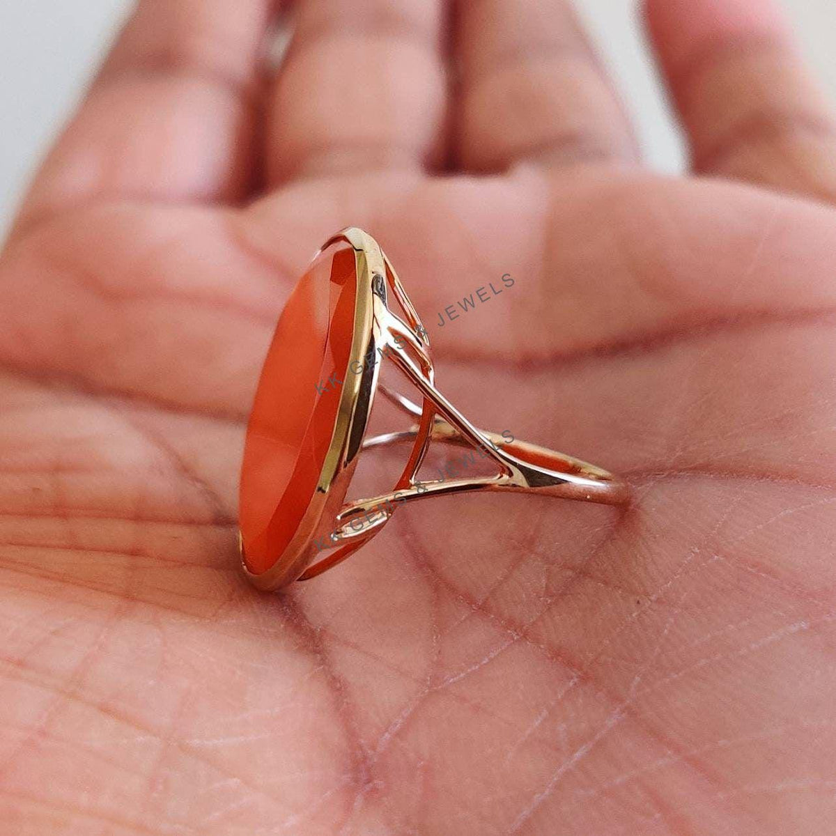 14K Solid Yellow Gold Natural Red Onyx Ring, July Birthstone