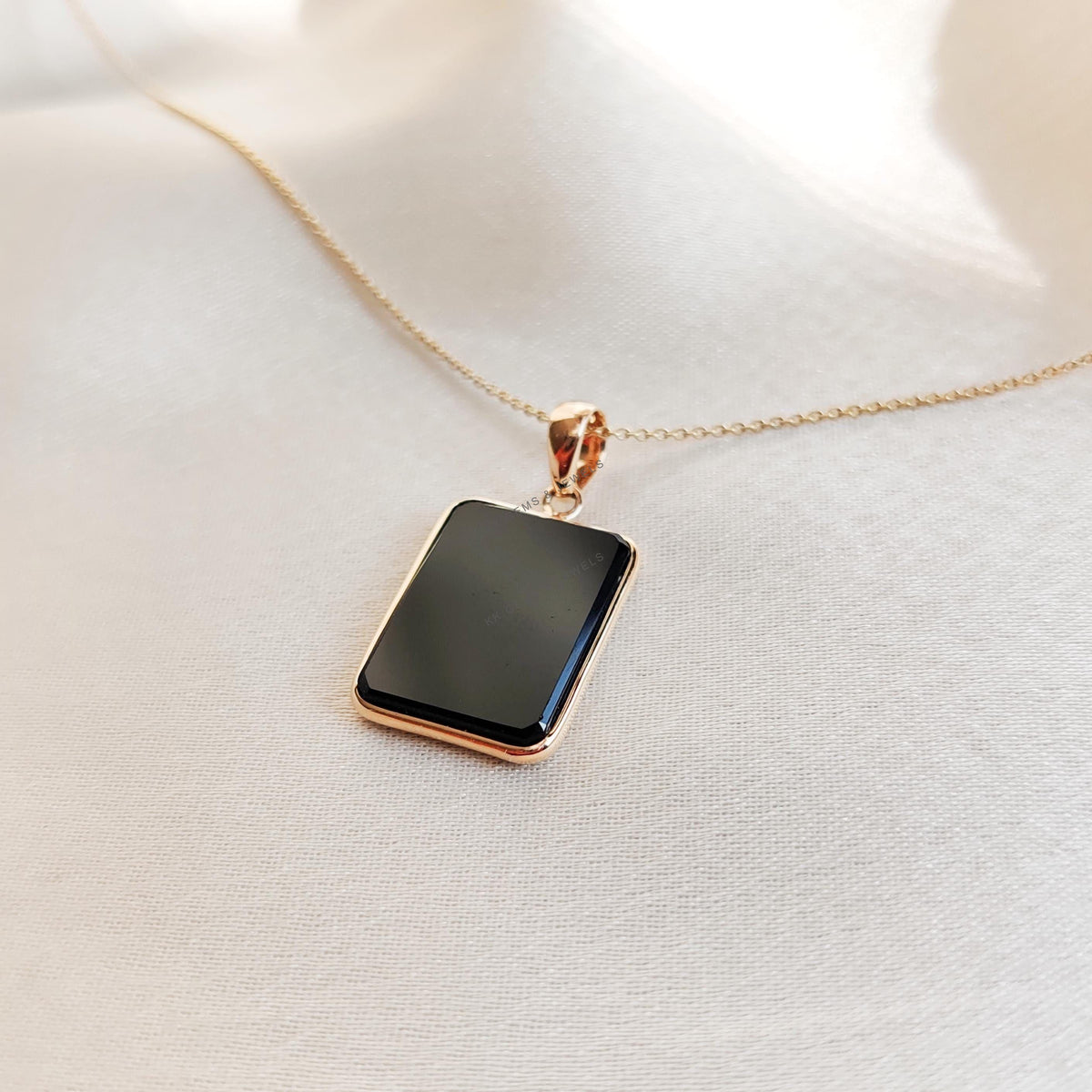 14K Solid Yellow Gold Natural Black Onyx Pendant, Rectangle Bezel