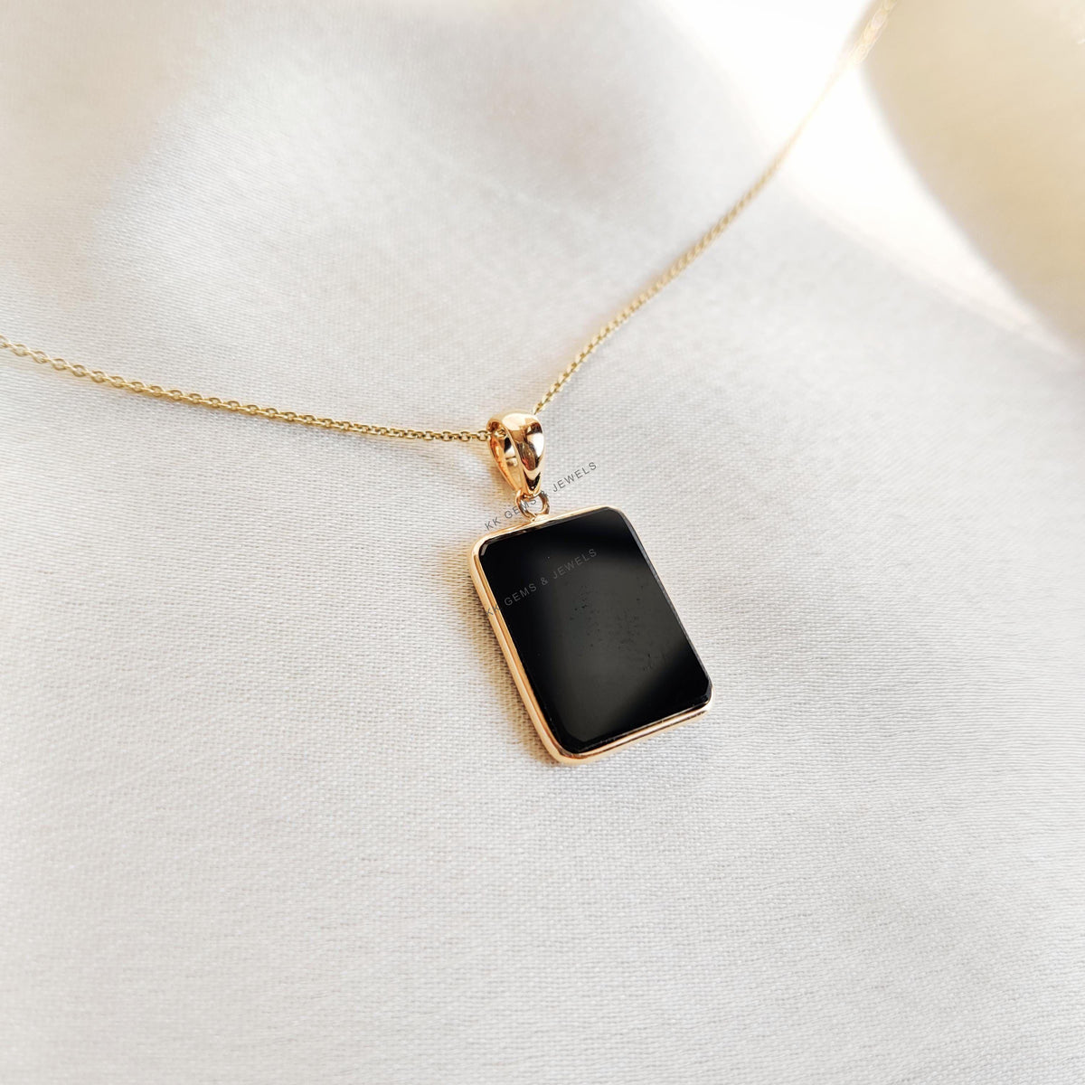 14K Solid Yellow Gold Natural Black Onyx Pendant, Rectangle Bezel