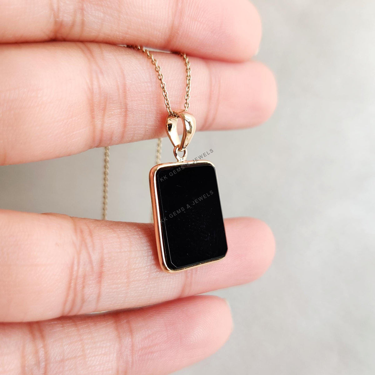 14K Solid Yellow Gold Natural Black Onyx Pendant, Rectangle Bezel