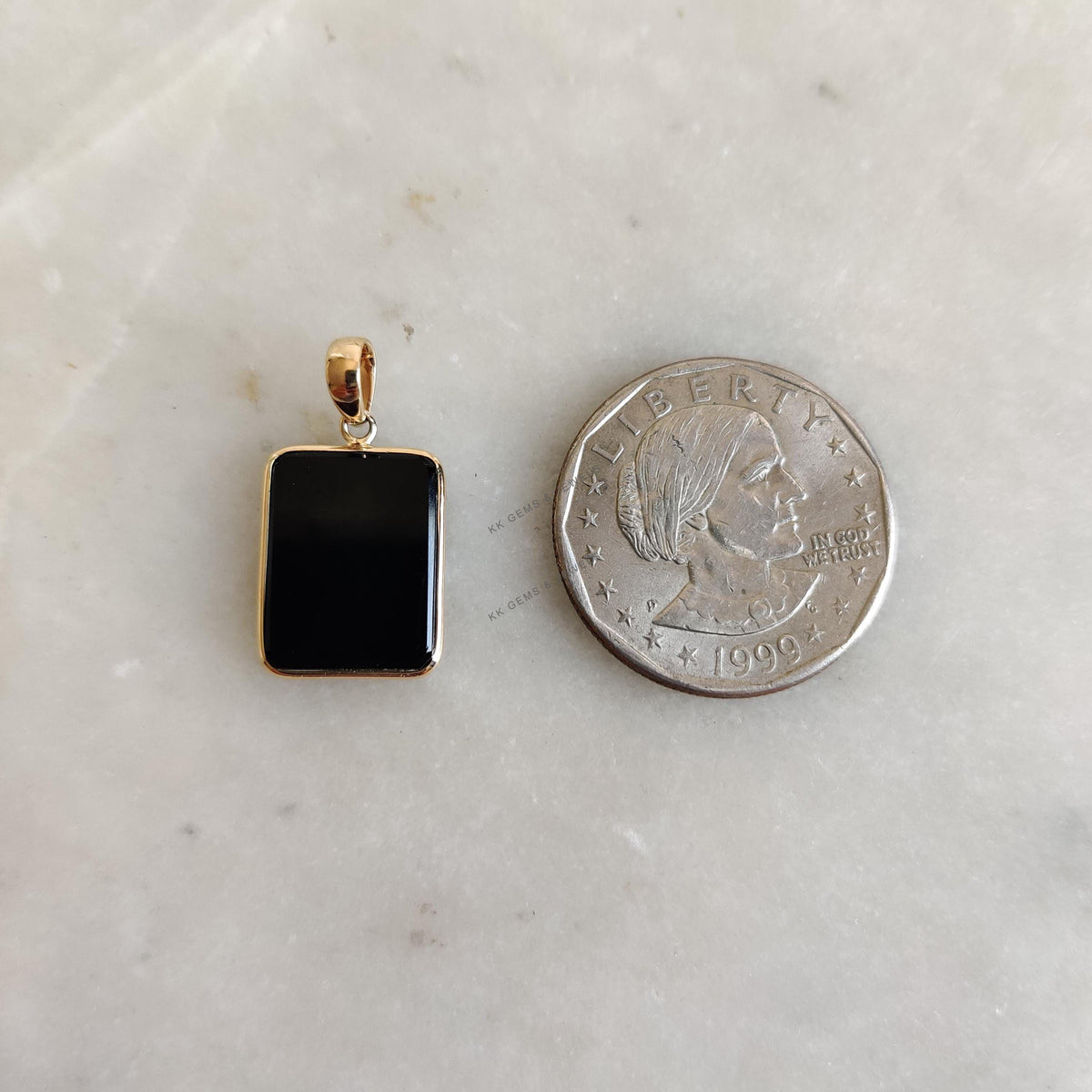 14K Solid Yellow Gold Natural Black Onyx Pendant, Rectangle Bezel