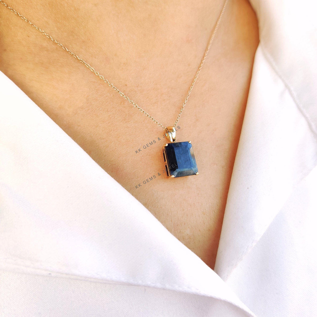 14K Solid Yellow Gold Natural Blue Sapphire Pendant, Octagon Gemstone, September Birthstone