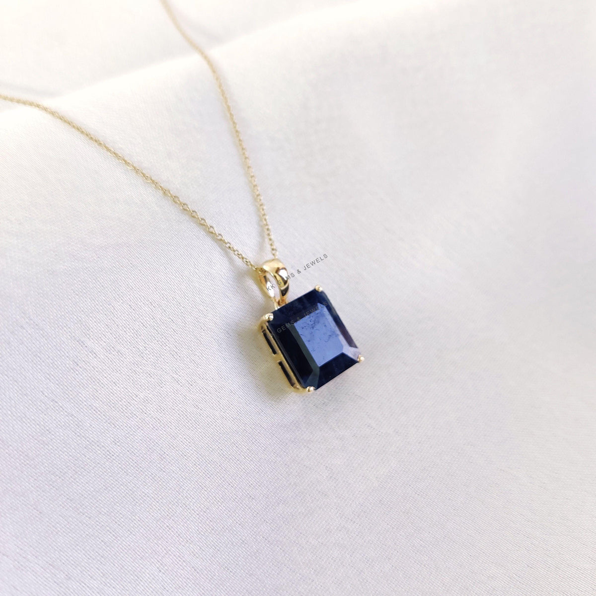 14K Solid Yellow Gold Natural Blue Sapphire Pendant, Octagon Gemstone, September Birthstone
