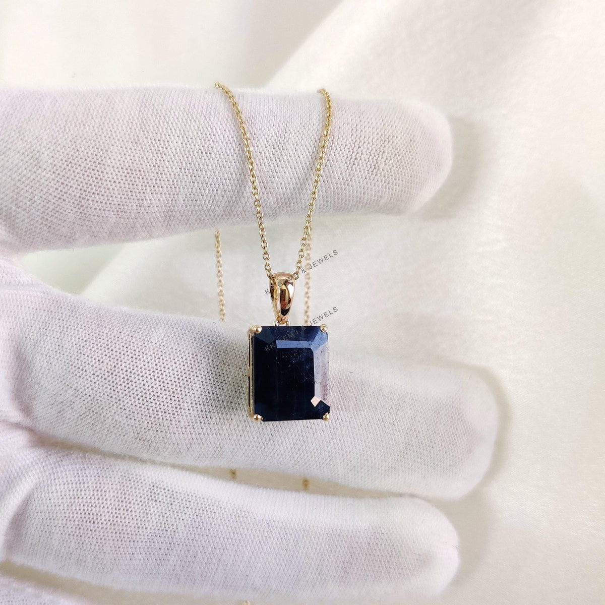 14K Solid Yellow Gold Natural Blue Sapphire Pendant, Octagon Gemstone, September Birthstone
