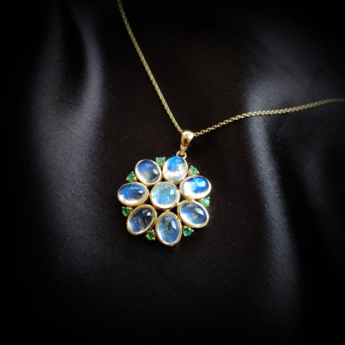 Natural Rainbow Moonstone & Emerald Flower Pendant, 14K Solid Yellow Gold, Christmas Gift