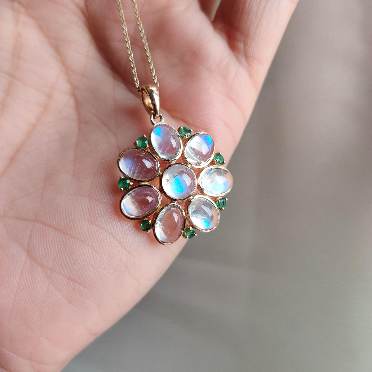 Natural Rainbow Moonstone & Emerald Flower Pendant, 14K Solid Yellow Gold, Christmas Gift
