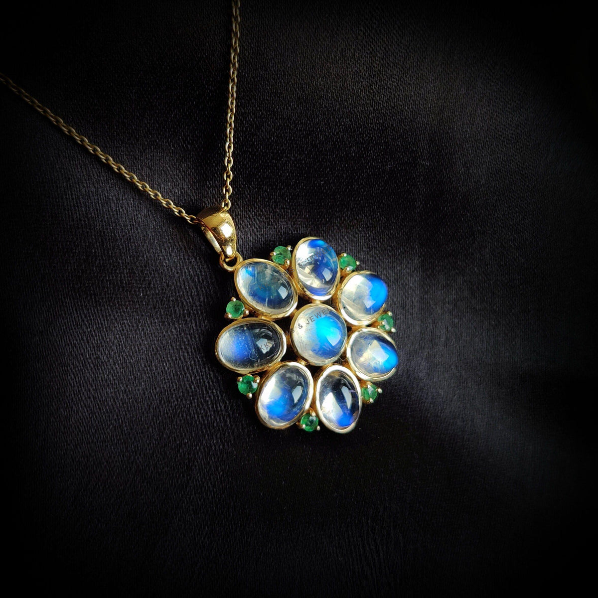 Natural Rainbow Moonstone & Emerald Flower Pendant, 14K Solid Yellow Gold, Christmas Gift