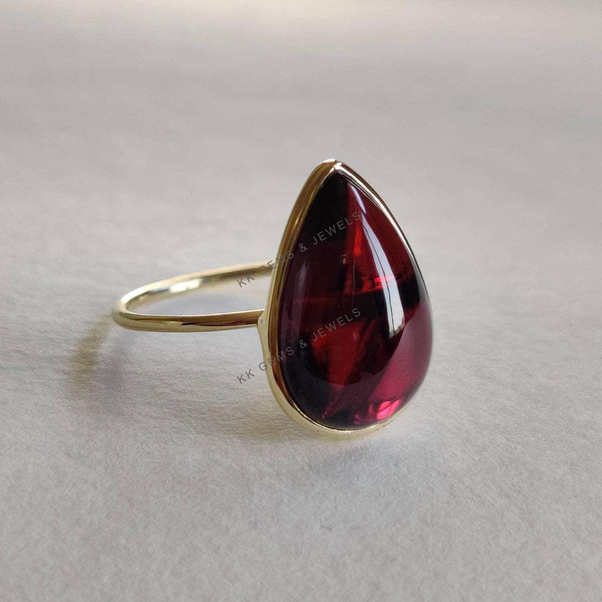 14K Solid Yellow Gold Natural Garnet Ring, Pear Cabochon Bezel, January Birthstone