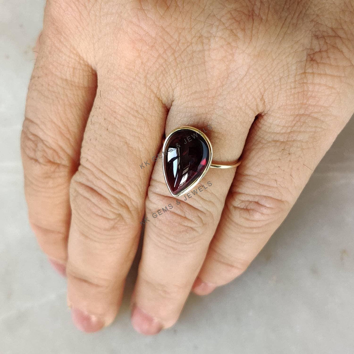 14K Solid Yellow Gold Natural Garnet Ring, Pear Cabochon Bezel, January Birthstone