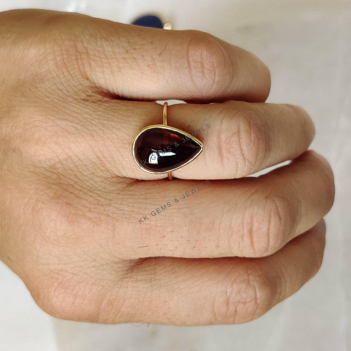 14K Solid Yellow Gold Natural Garnet Ring, Pear Cabochon Bezel, January Birthstone