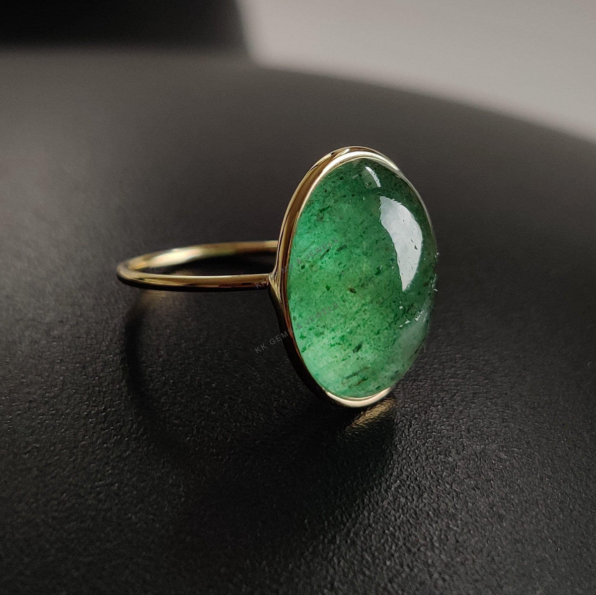 Natural Oval Green Aventurine Ring, 14K Solid Yellow Gold, August Birthstone