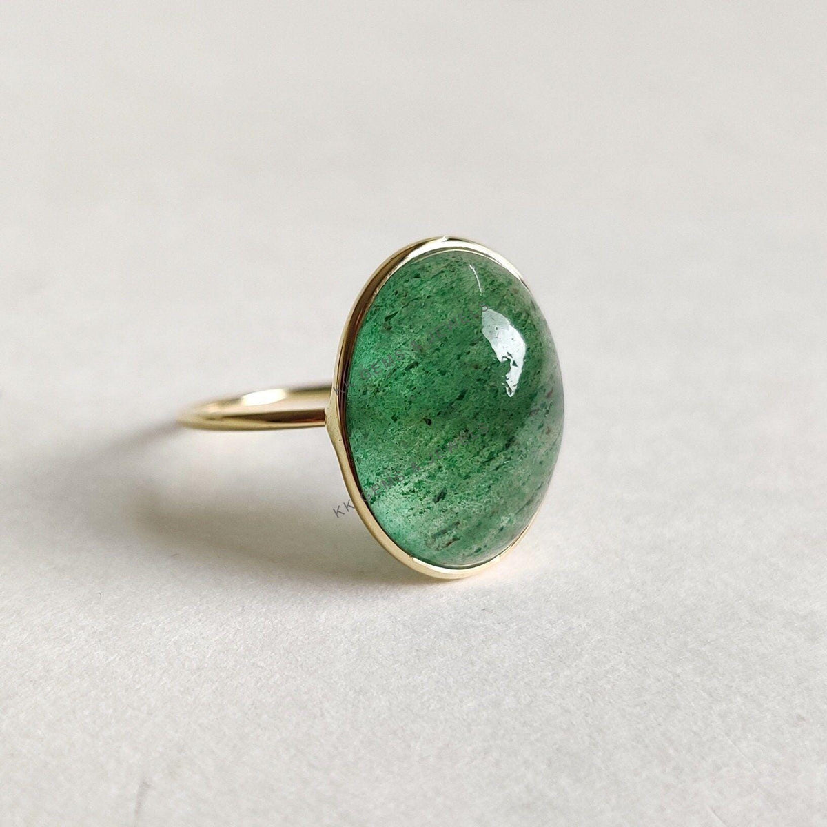 Natural Oval Green Aventurine Ring, 14K Solid Yellow Gold, August Birthstone