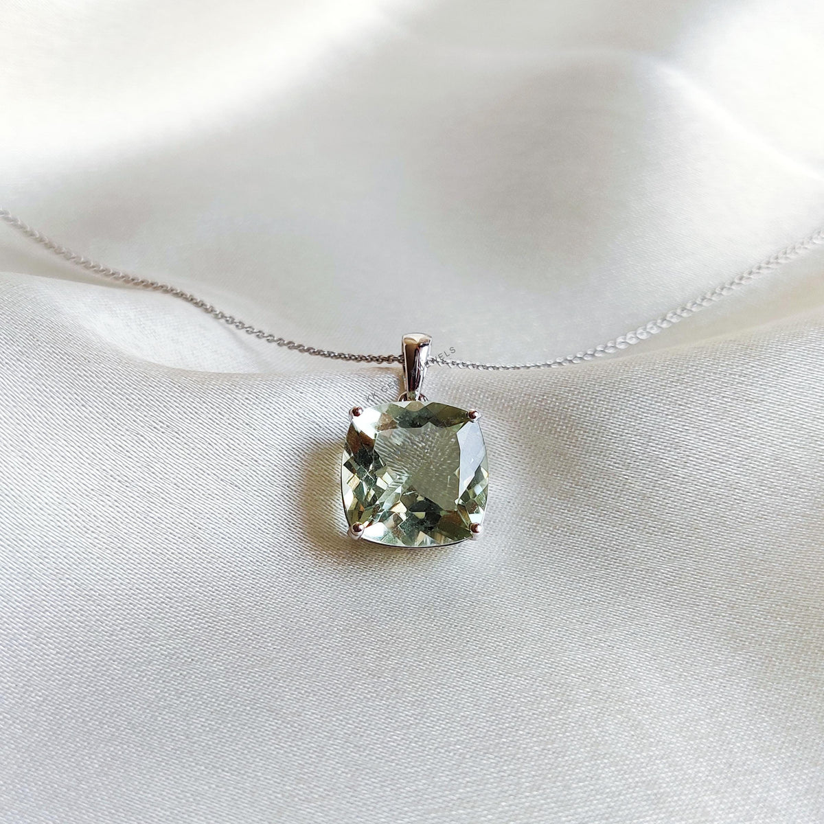 Cushion Cut Natural Green Amethyst Pendant, 14K Solid White Gold, February Birthstone