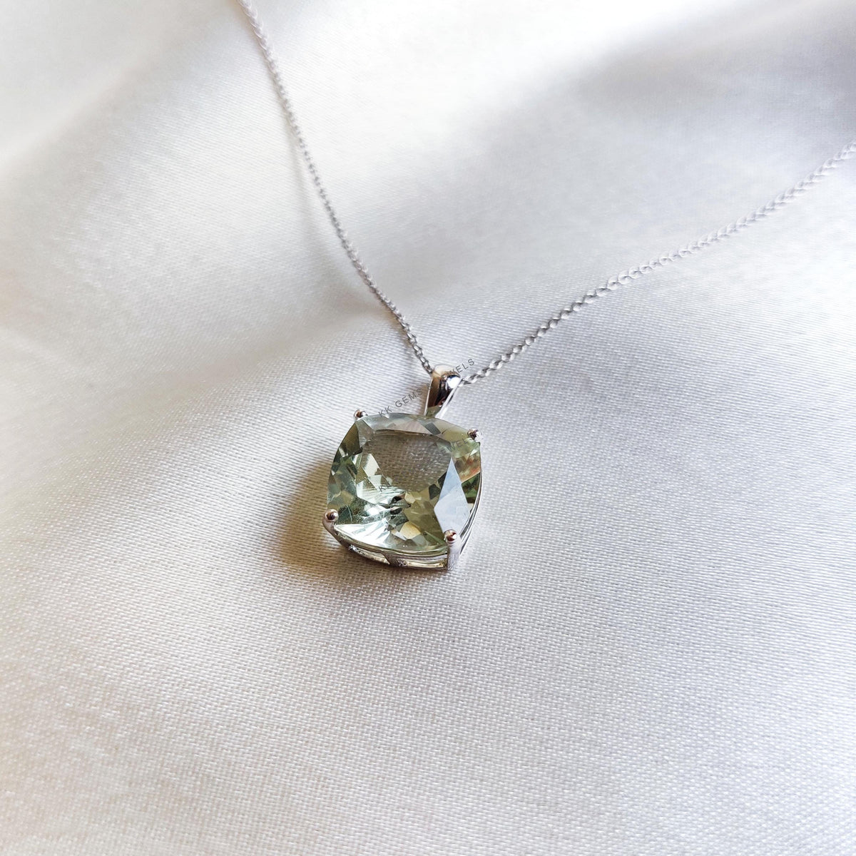 Cushion Cut Natural Green Amethyst Pendant, 14K Solid White Gold, February Birthstone