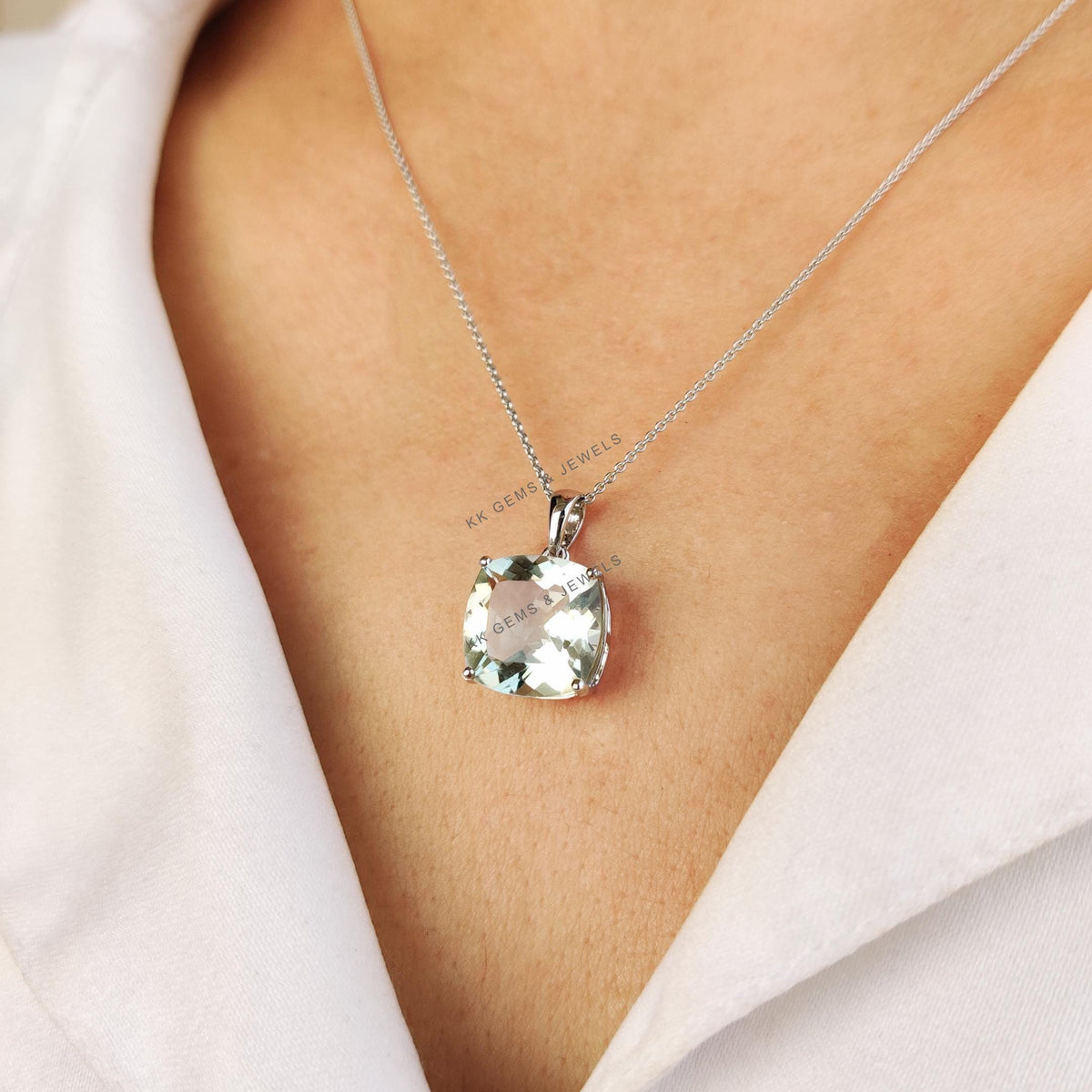 Cushion Cut Natural Green Amethyst Pendant, 14K Solid White Gold, February Birthstone