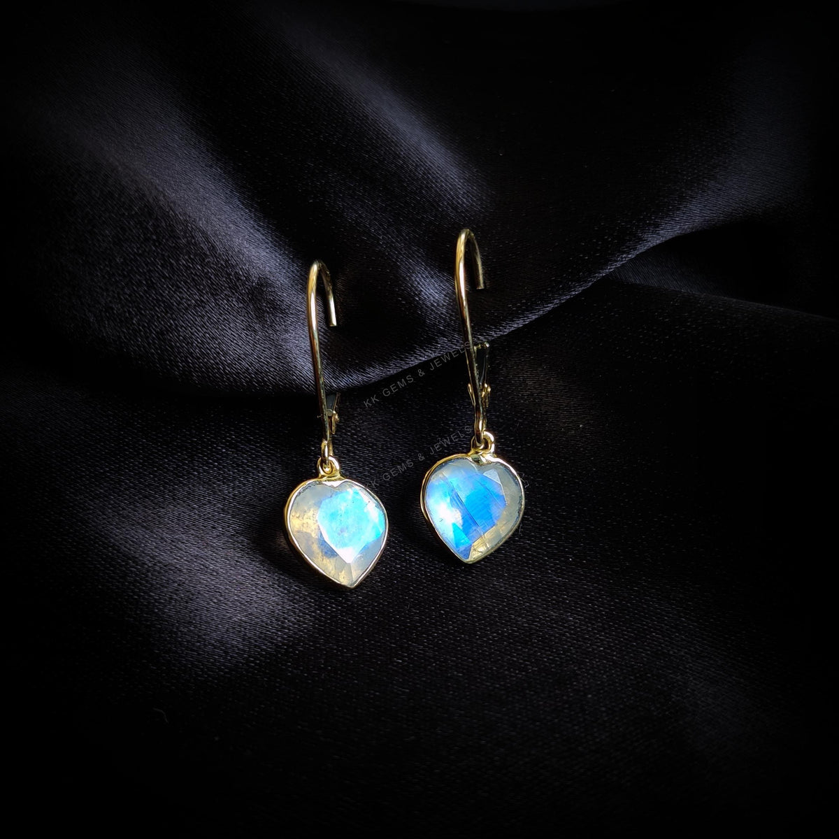 14K Solid Yellow Gold Natural Rainbow Moonstone Heart Earrings, June Birthstone, Valentine Gift