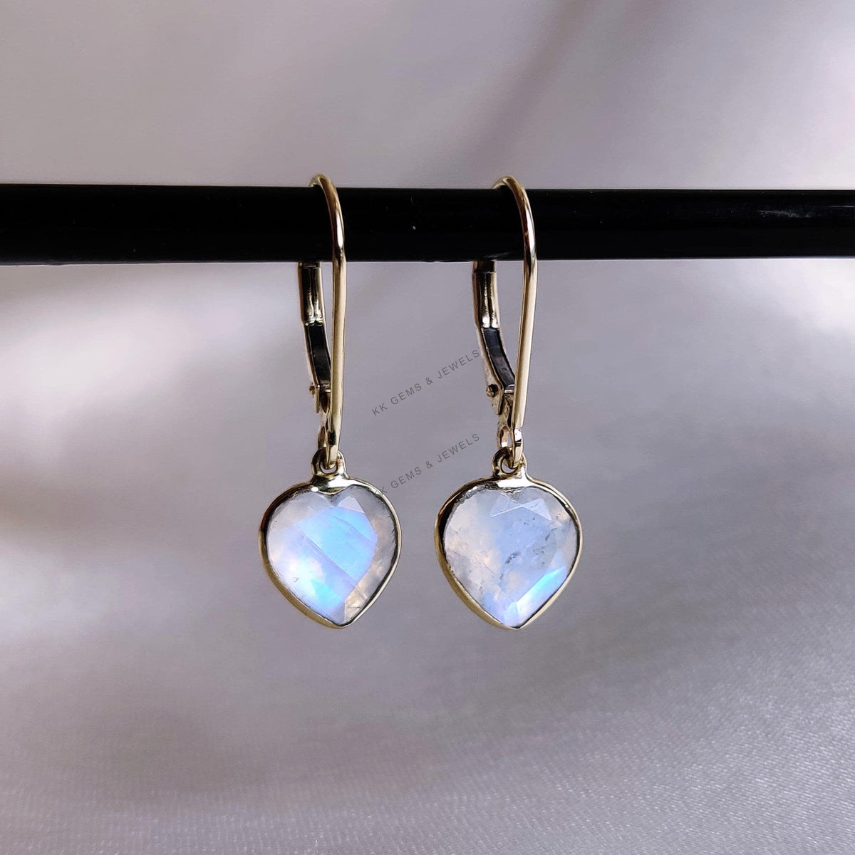 14K Solid Yellow Gold Natural Rainbow Moonstone Heart Earrings, June Birthstone, Valentine Gift