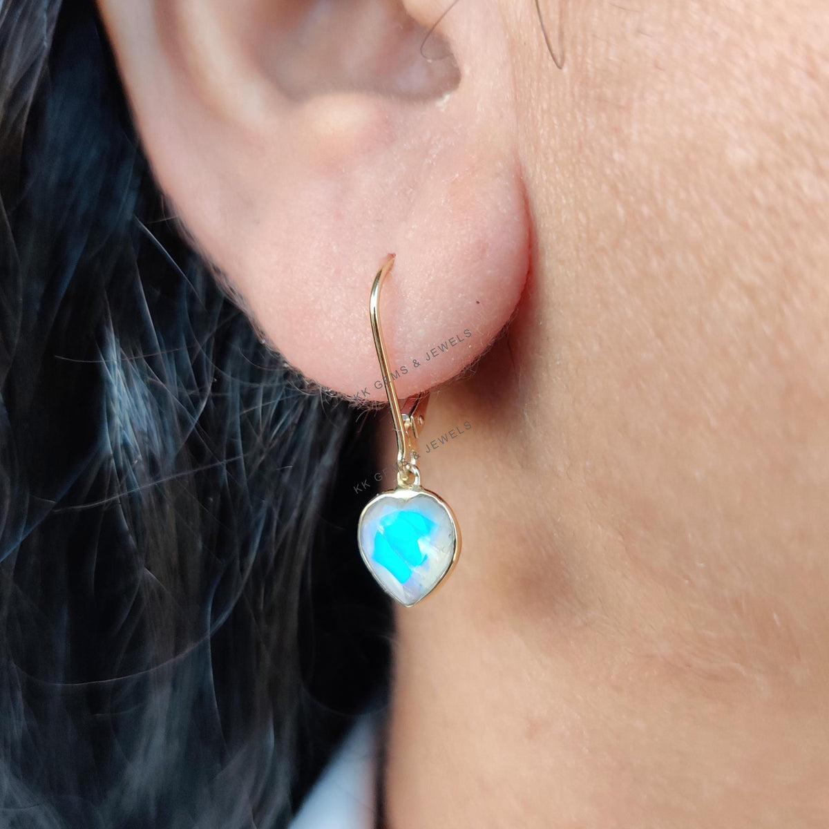 14K Solid Yellow Gold Natural Rainbow Moonstone Heart Earrings, June Birthstone, Valentine Gift