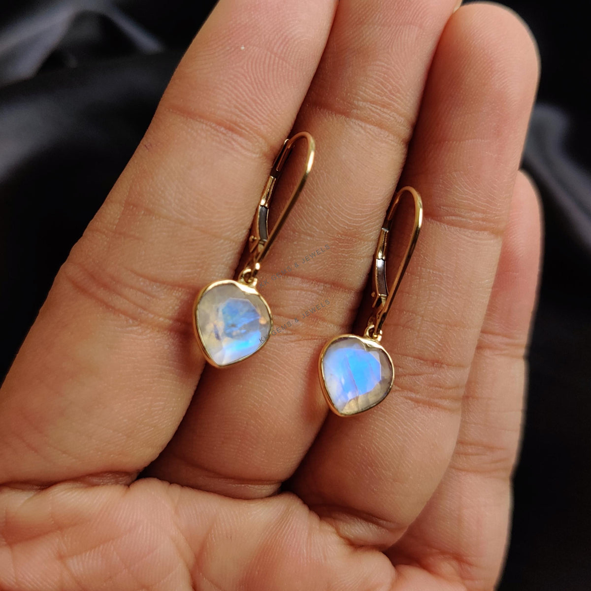 14K Solid Yellow Gold Natural Rainbow Moonstone Heart Earrings, June Birthstone, Valentine Gift