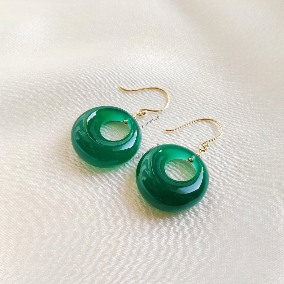 14K Solid Gold Natural Green Onyx Donut Drill Earrings, May Birthstone