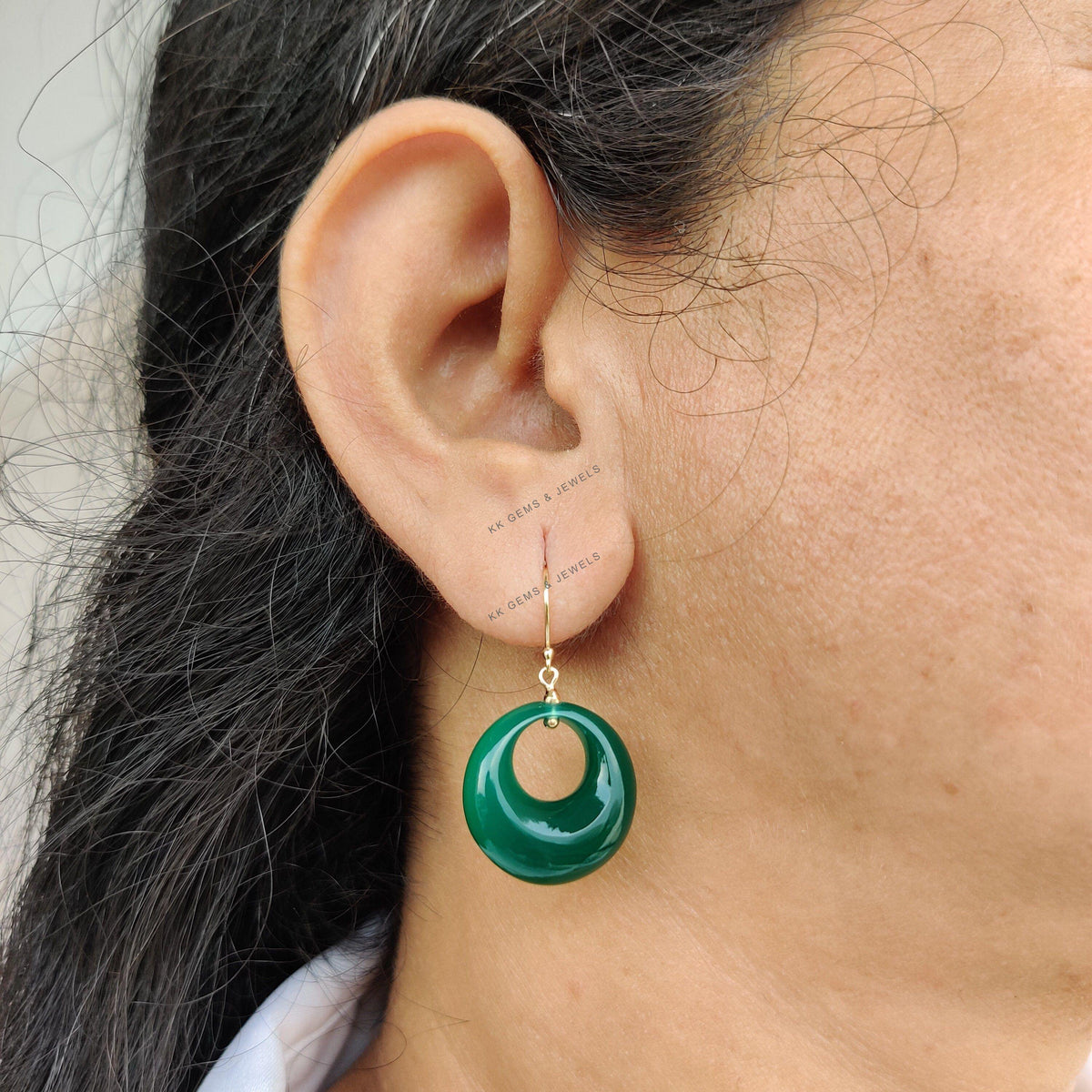 14K Solid Gold Natural Green Onyx Donut Drill Earrings, May Birthstone