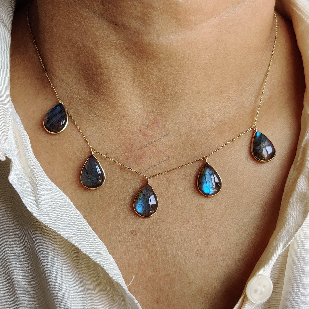 14K Solid Gold Natural Labradorite Necklace, Bezel Set chain Necklace, November Birthstone