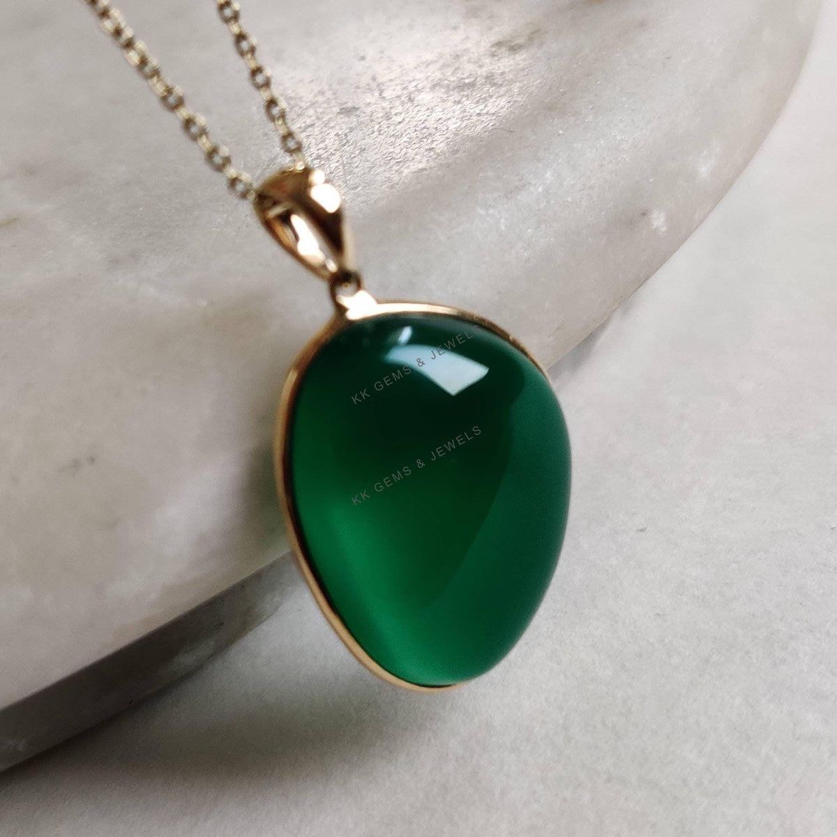 14K Solid Yellow Gold Natural Green Onyx Bezel Fancy Pendant, May Birthstone