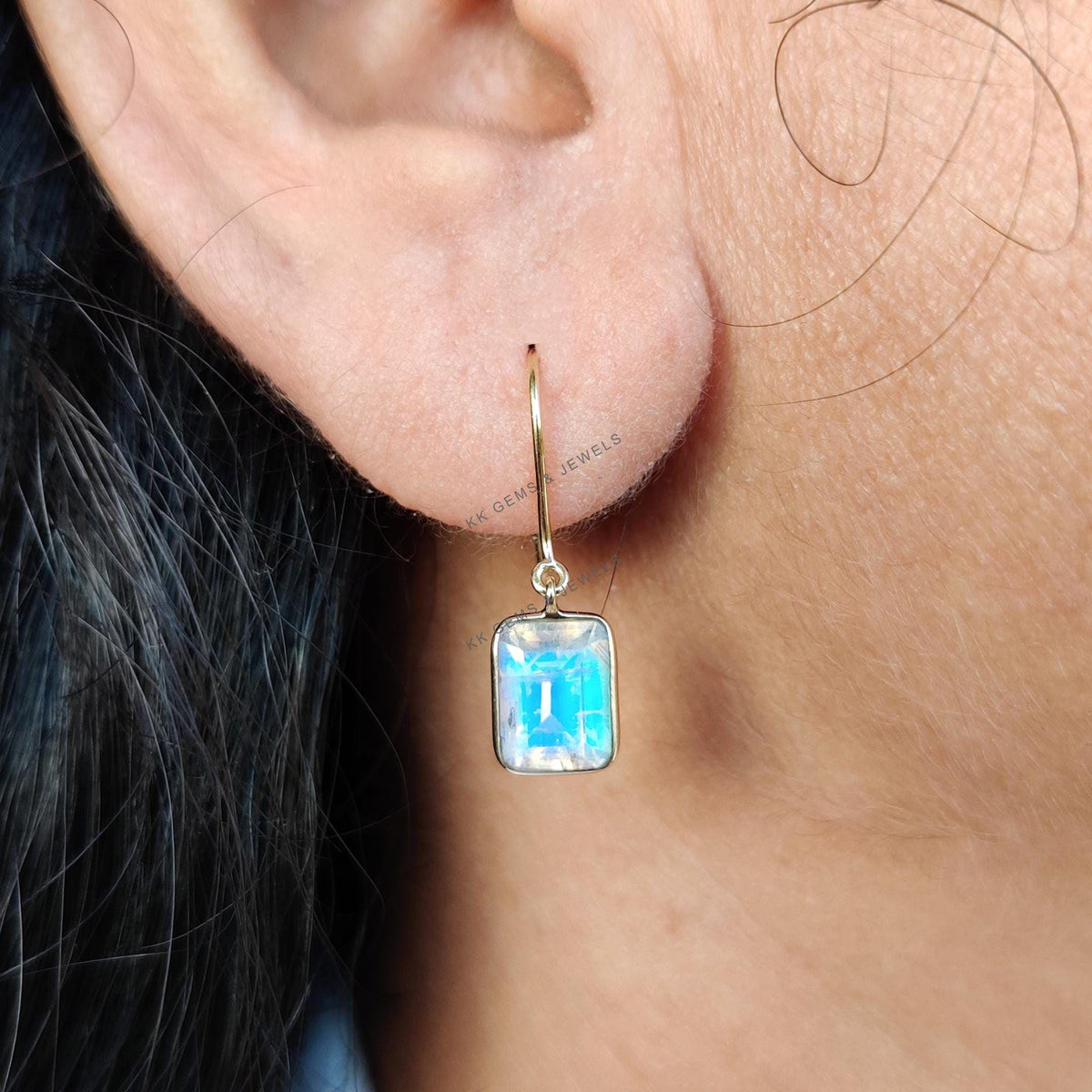 Natural Rainbow Moonstone Earrings, 14K Solid Yellow Gold Bezel Set, June Birthstone
