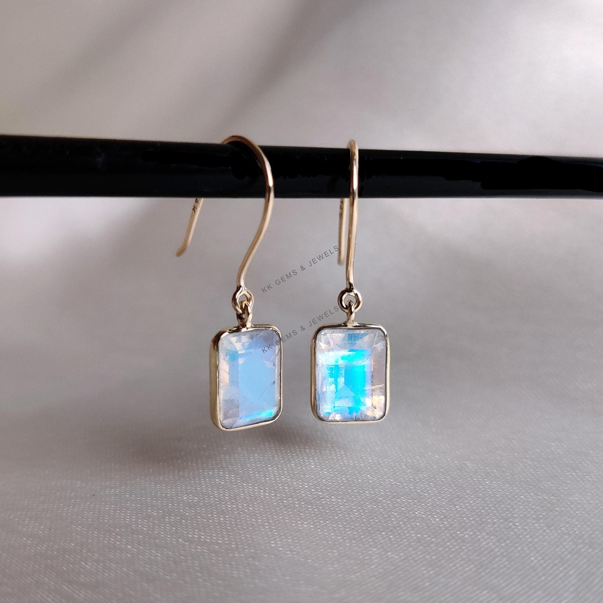 Natural Rainbow Moonstone Earrings, 14K Solid Yellow Gold Bezel Set, June Birthstone