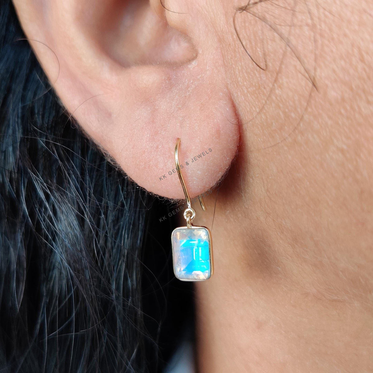 Natural Rainbow Moonstone Earrings, 14K Solid Yellow Gold Bezel Set, June Birthstone