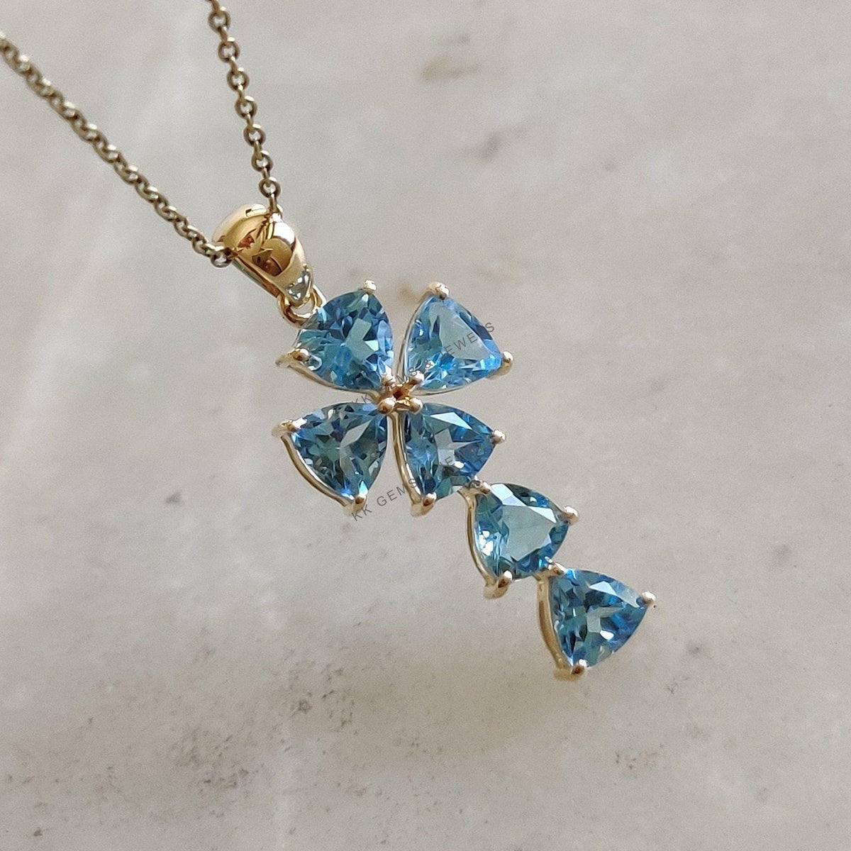 Natural Sky Blue Topaz Cross Pendant, 14K Solid Yellow Gold, December Birthstone Christmas Gift