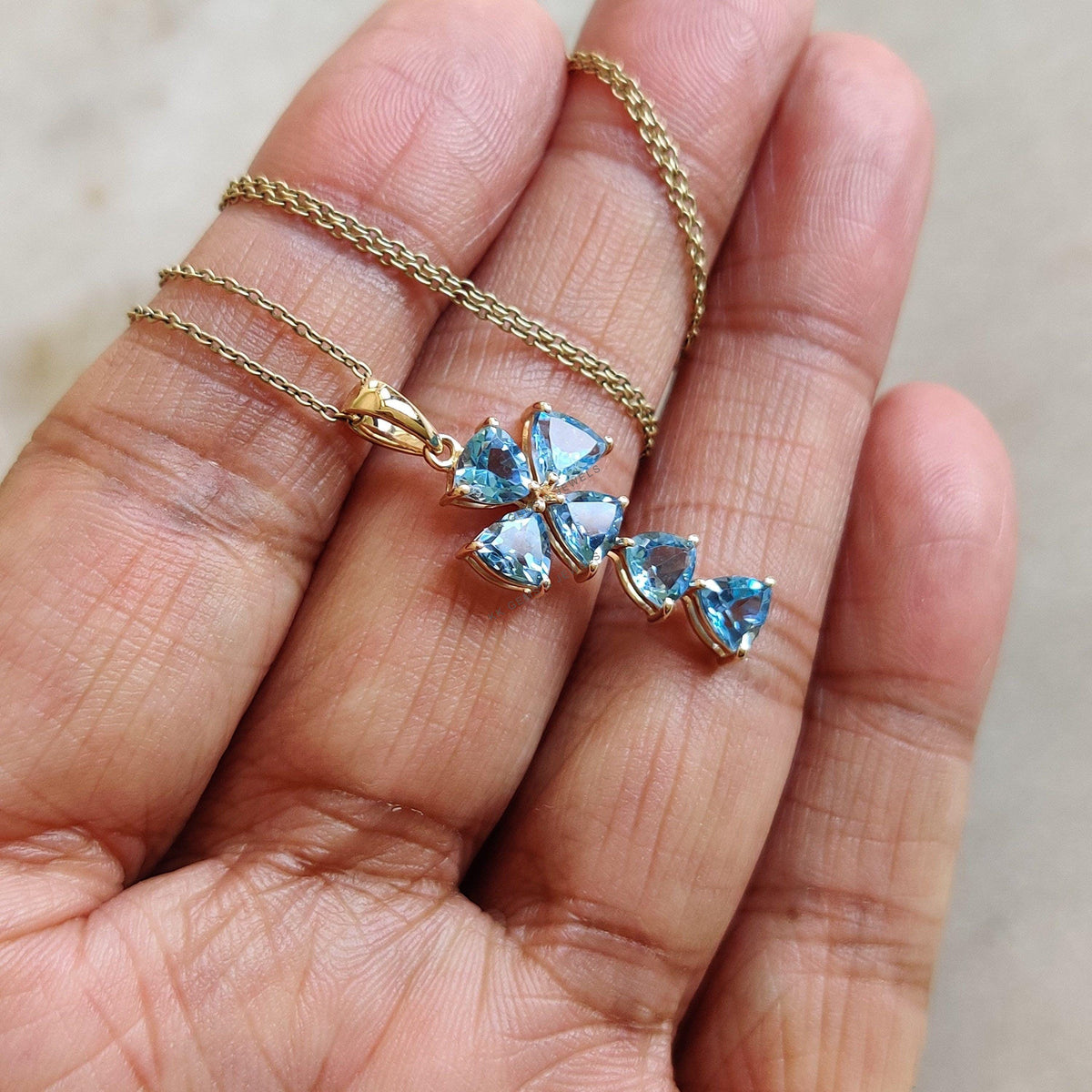 Natural Sky Blue Topaz Cross Pendant, 14K Solid Yellow Gold, December Birthstone Christmas Gift