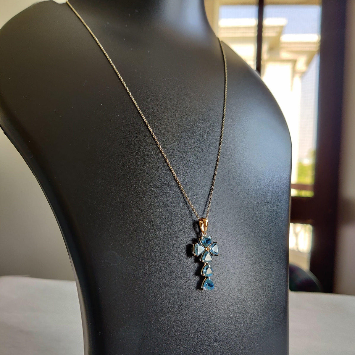 Natural Sky Blue Topaz Cross Pendant, 14K Solid Yellow Gold, December Birthstone Christmas Gift
