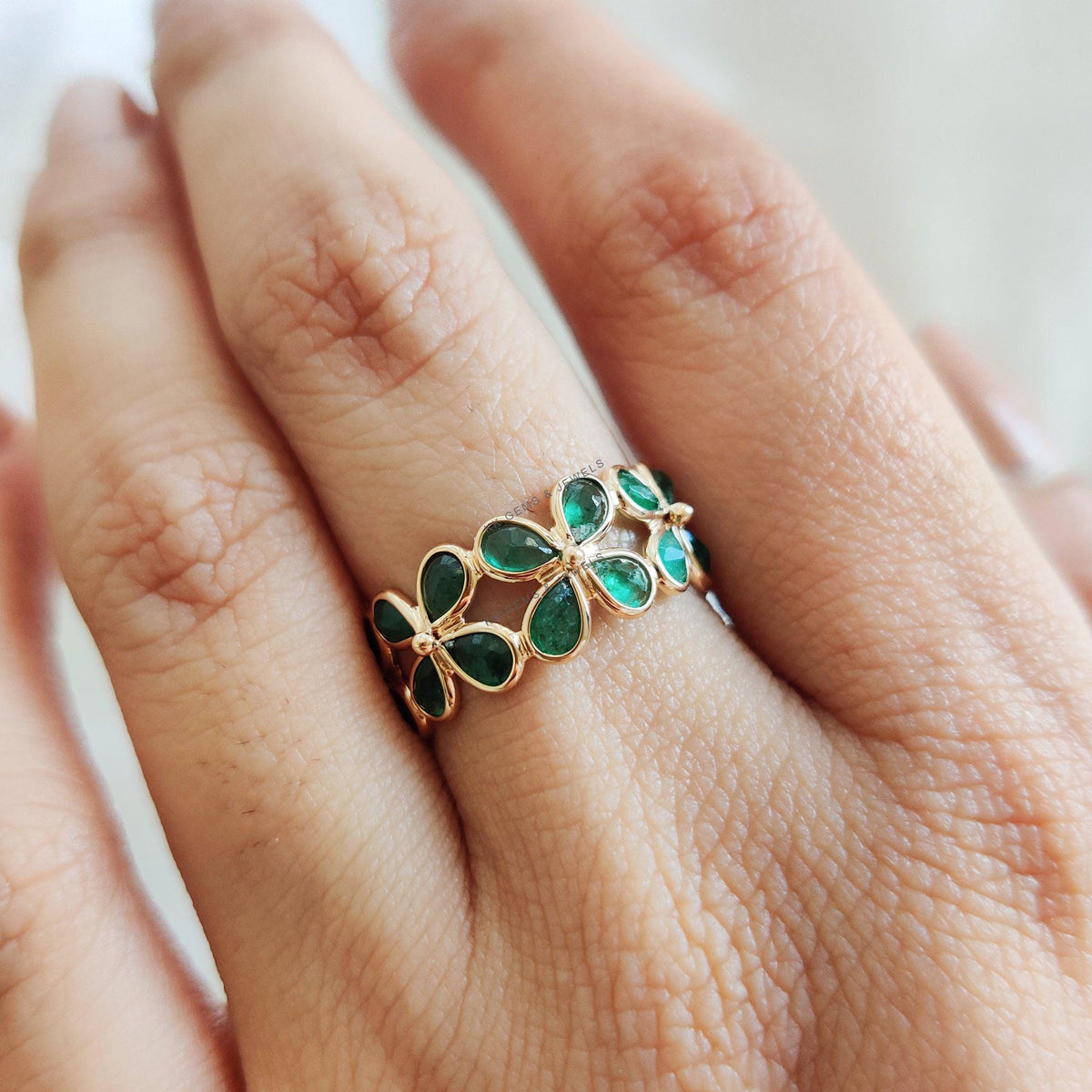 Natural Emerald Ring, 14K Solid Yellow Gold Floral Infinity Band