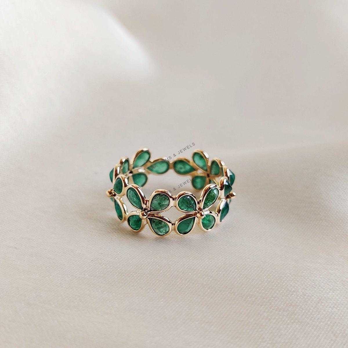 Natural Emerald Ring, 14K Solid Yellow Gold Floral Infinity Band
