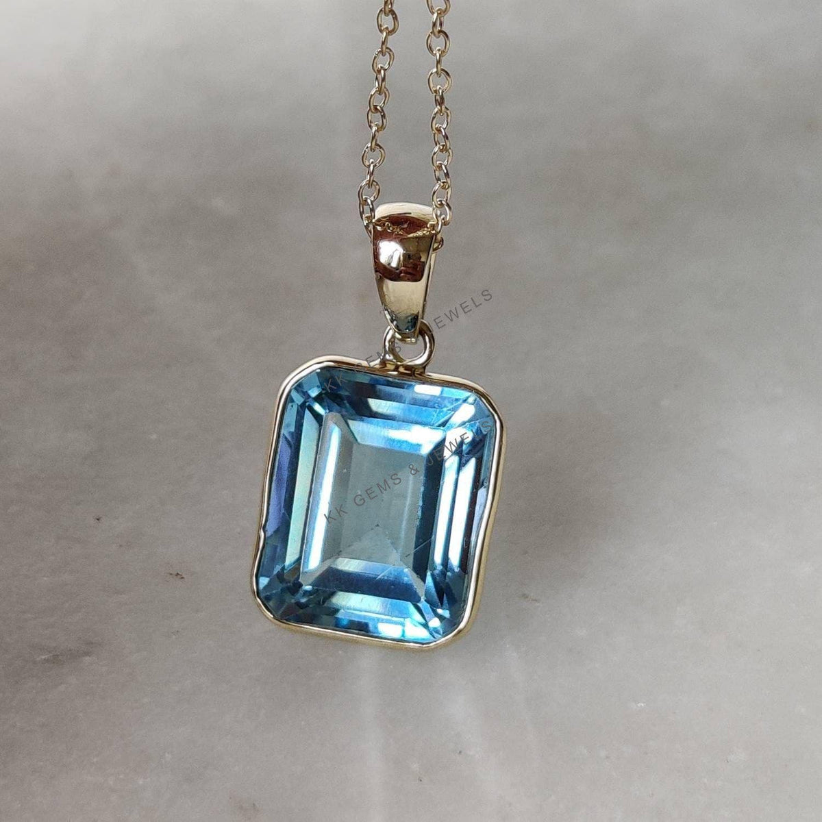 14K Solid Gold Natural Sky Blue Topaz Pendant, December Birthstone