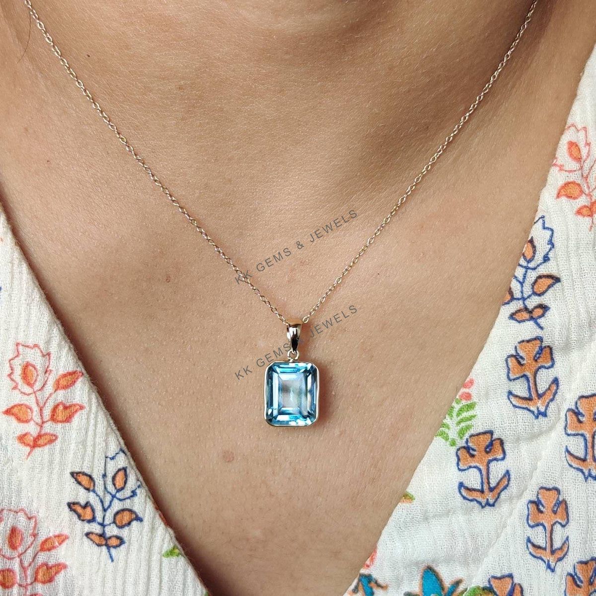 14K Solid Gold Natural Sky Blue Topaz Pendant, December Birthstone