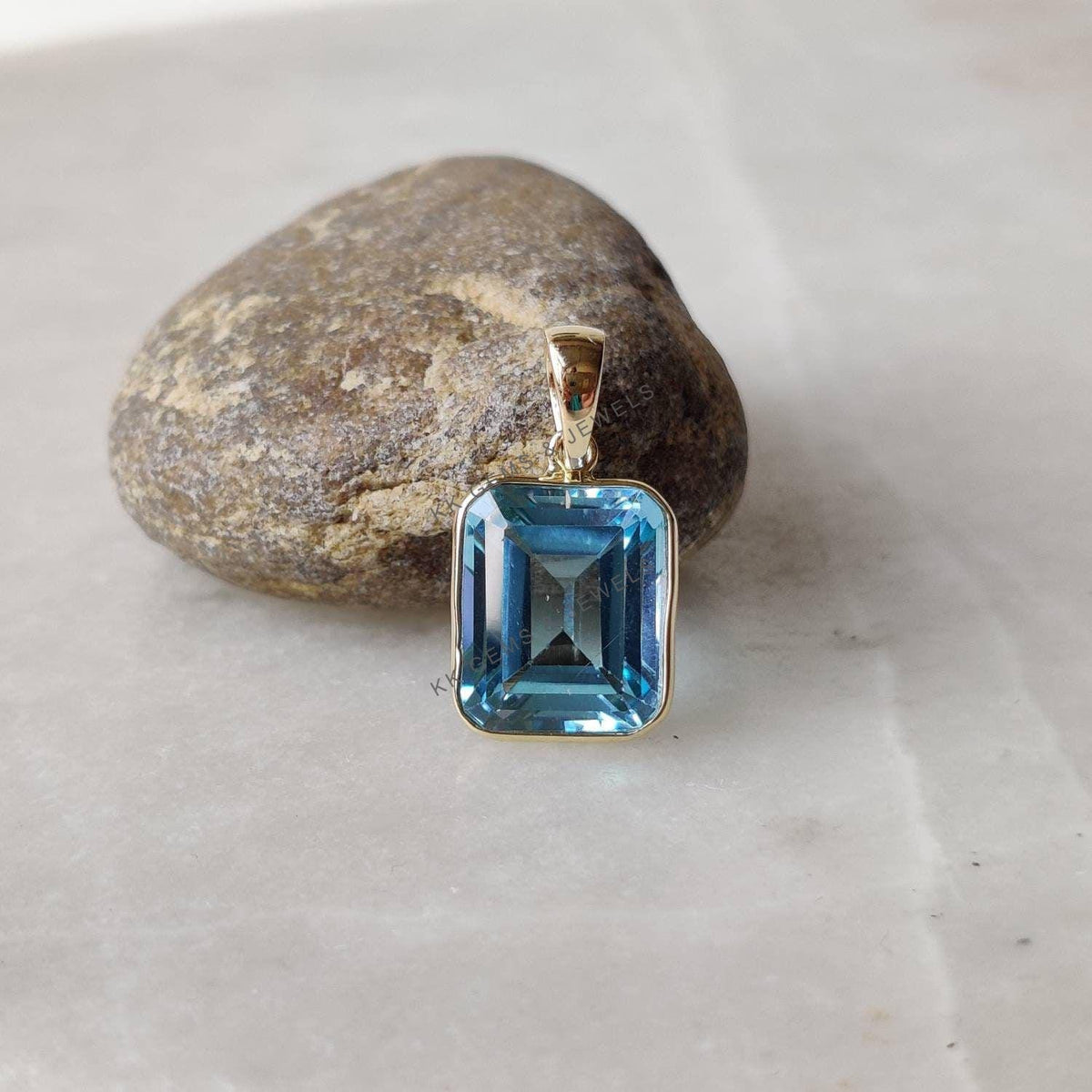 14K Solid Gold Natural Sky Blue Topaz Pendant, December Birthstone
