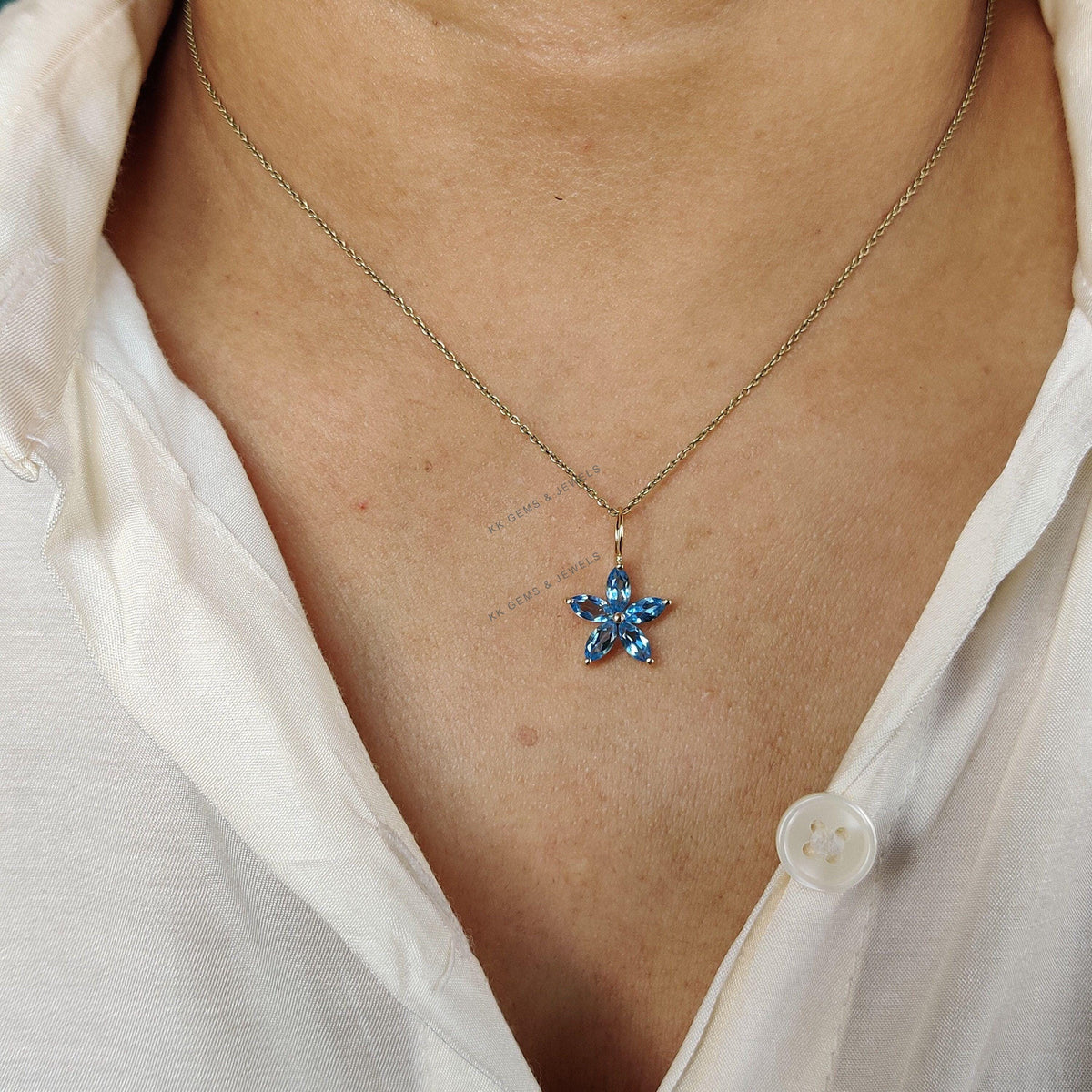 Natural Sky Blue Topaz Flower Pendant, 14K Solid Yellow Gold Charm, December Birthstone