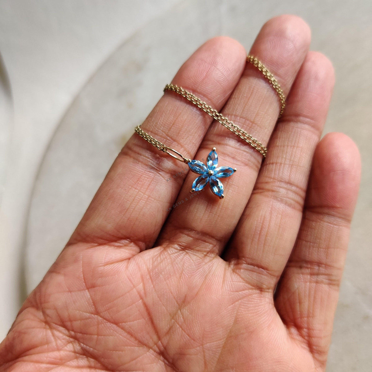 Natural Sky Blue Topaz Flower Pendant, 14K Solid Yellow Gold Charm, December Birthstone