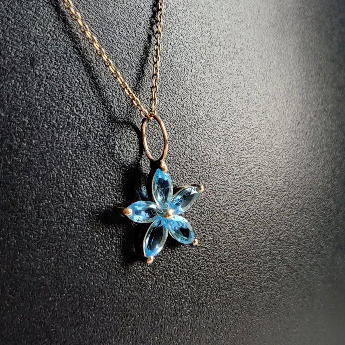 Natural Sky Blue Topaz Flower Pendant, 14K Solid Yellow Gold Charm, December Birthstone
