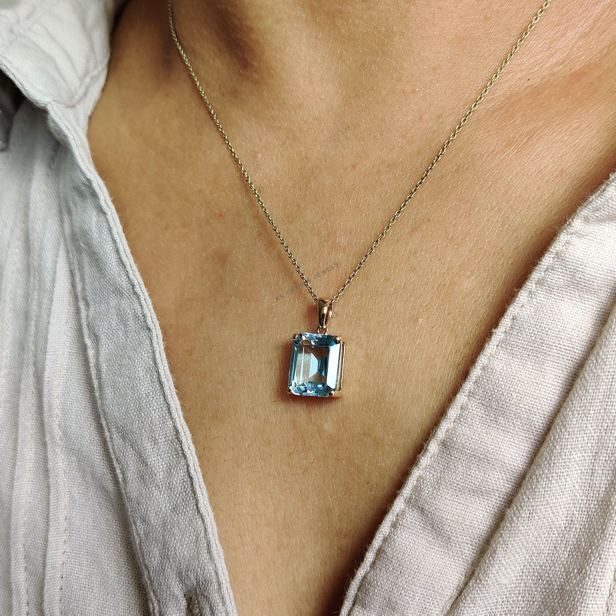 Natural Sky Blue Topaz Pendant, 14K Solid Yellow Gold, December Birthstone