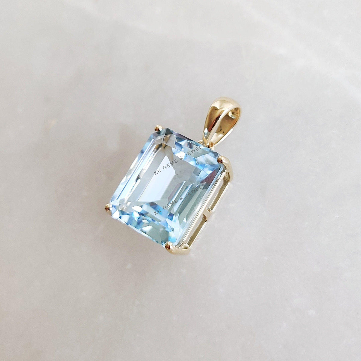 Natural Sky Blue Topaz Pendant, 14K Solid Yellow Gold, December Birthstone
