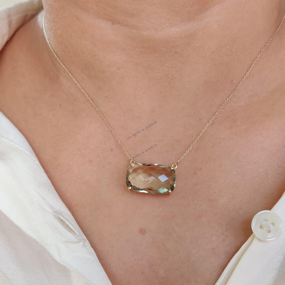 Natural Green Amethyst Prong Chain Necklace, 14K Solid Gold, February Birthstone