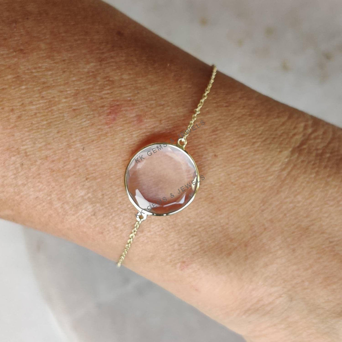 14K Solid Yellow Gold Natural Rose Quartz Chain Bracelet, January Birthstone